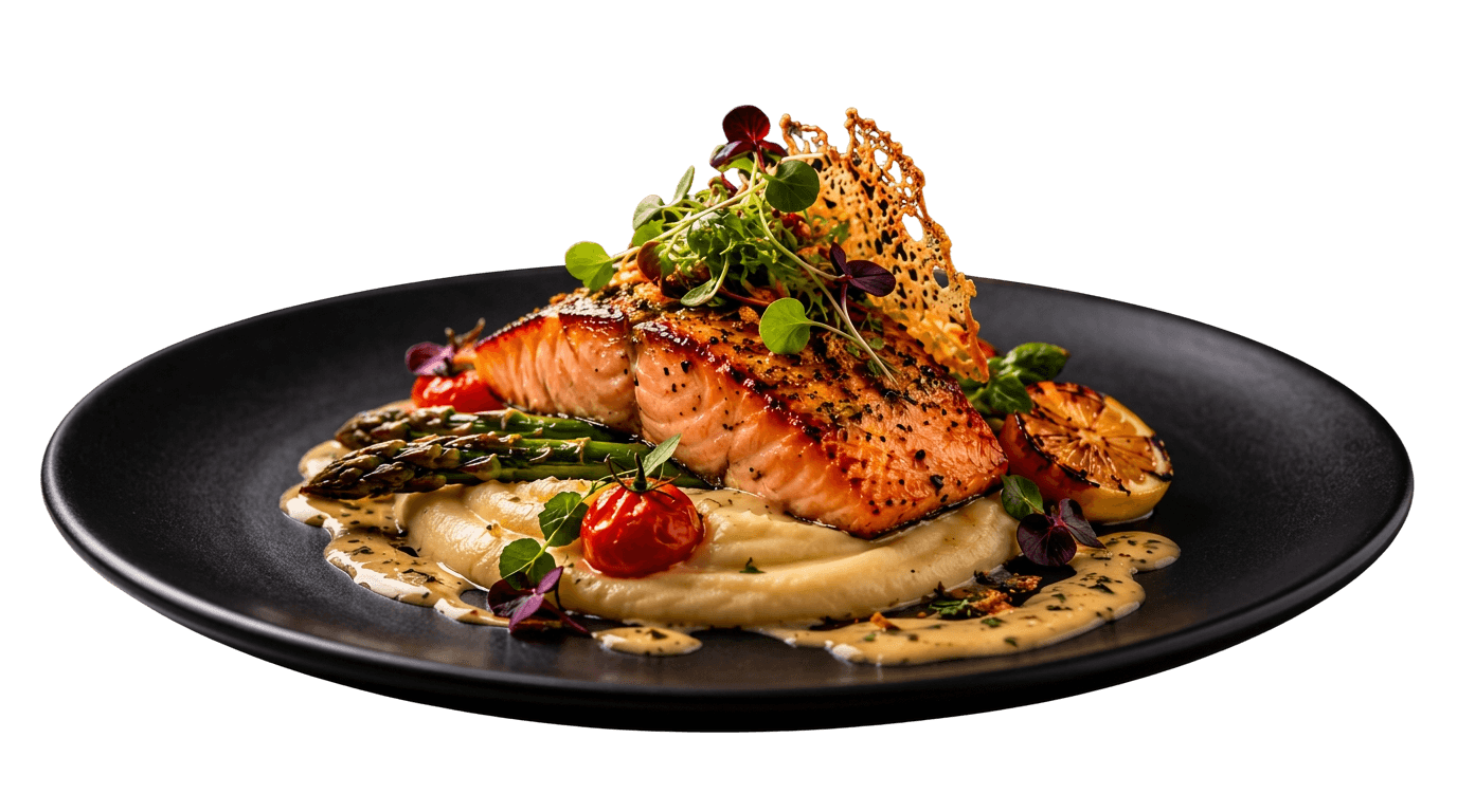 Plated salmon with asparagus and microgreens